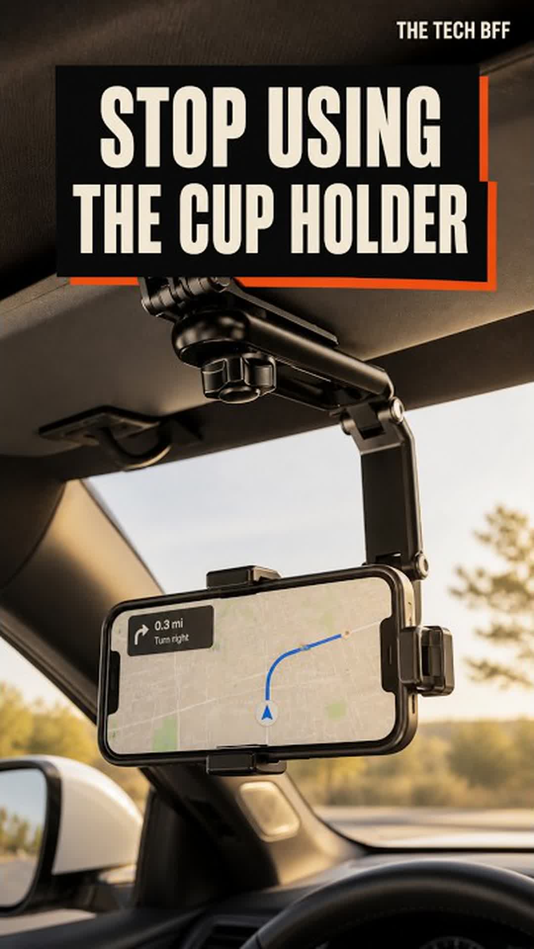 Black retractable phone mount clipped to a car sun visor holding a navigation phone