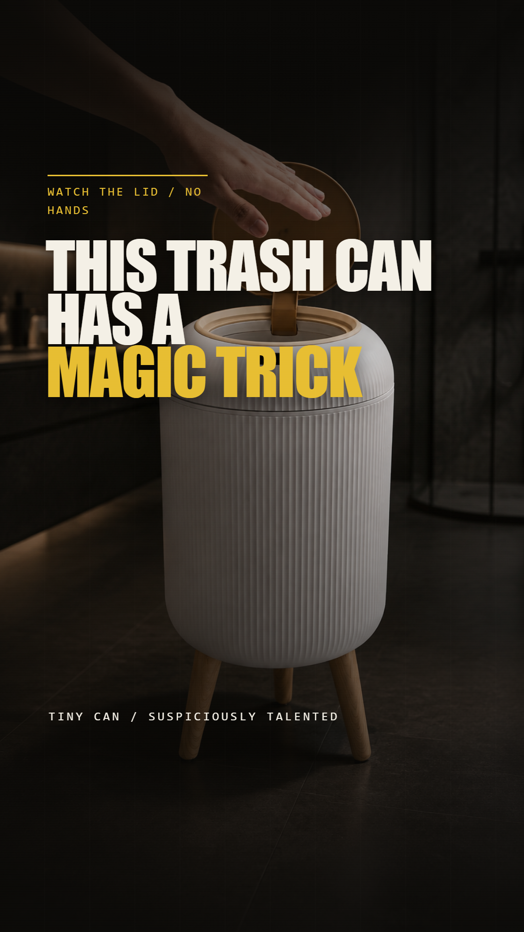 White PUKOMC motion-sensor trash can with a wood-look lid and three wooden legs