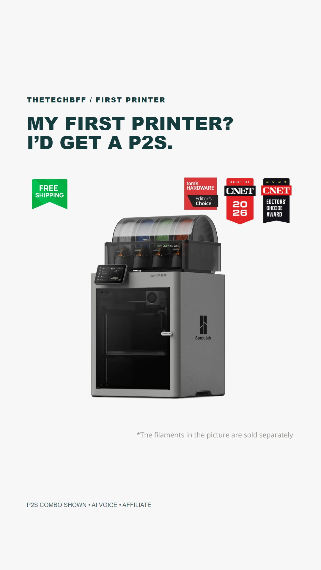 Bambu Lab P2S Combo featured in thetechbff's first-printer reel